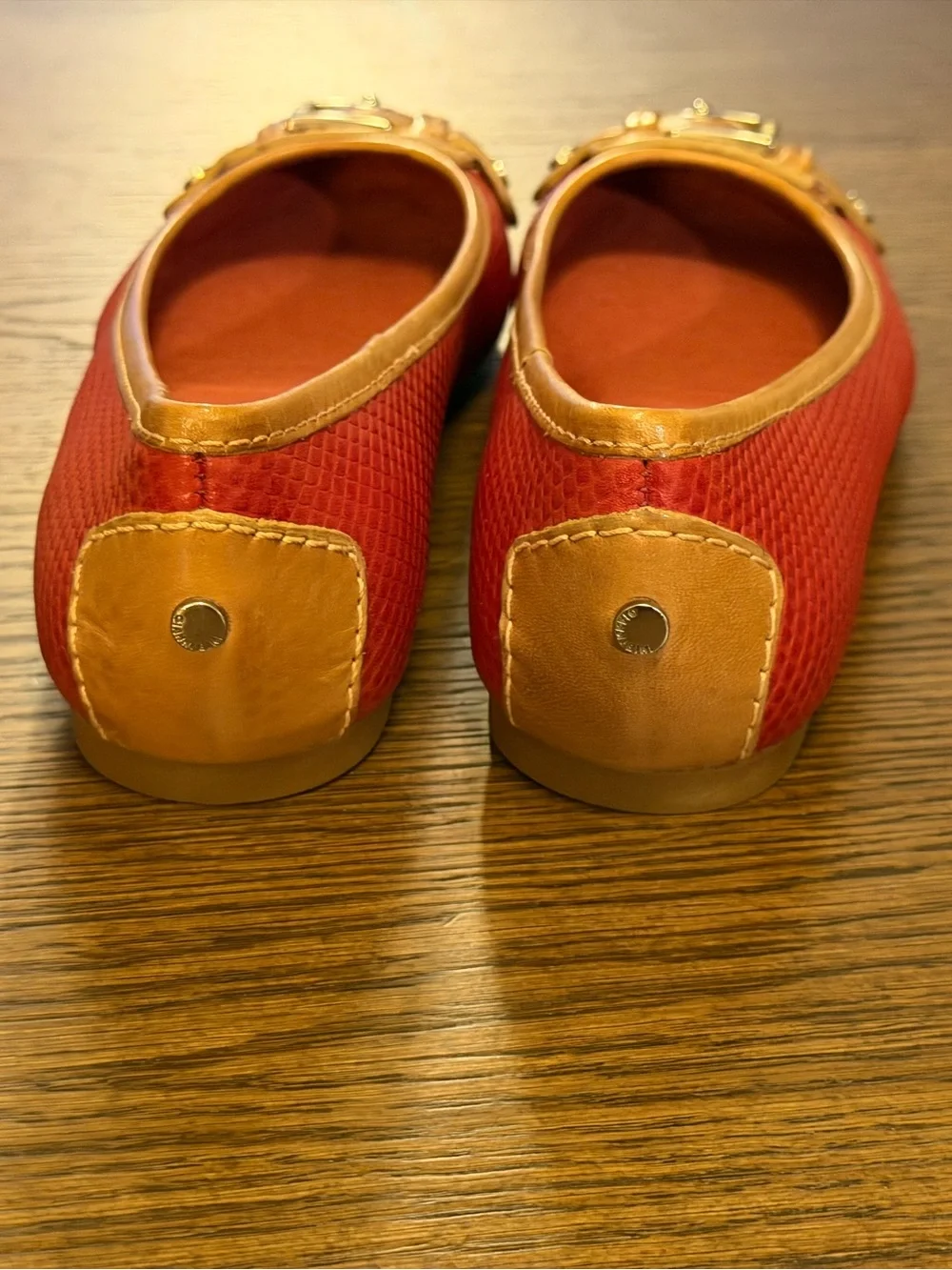 Gianni Bini Red Ballet Flats with Tan Trim and Silver Buckle